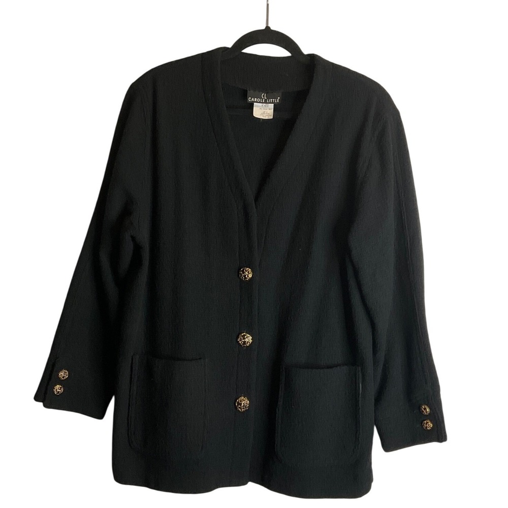 Vintage Carole Little Wool Black Blazer Jacket Gold Embossed Buttons Pockets L